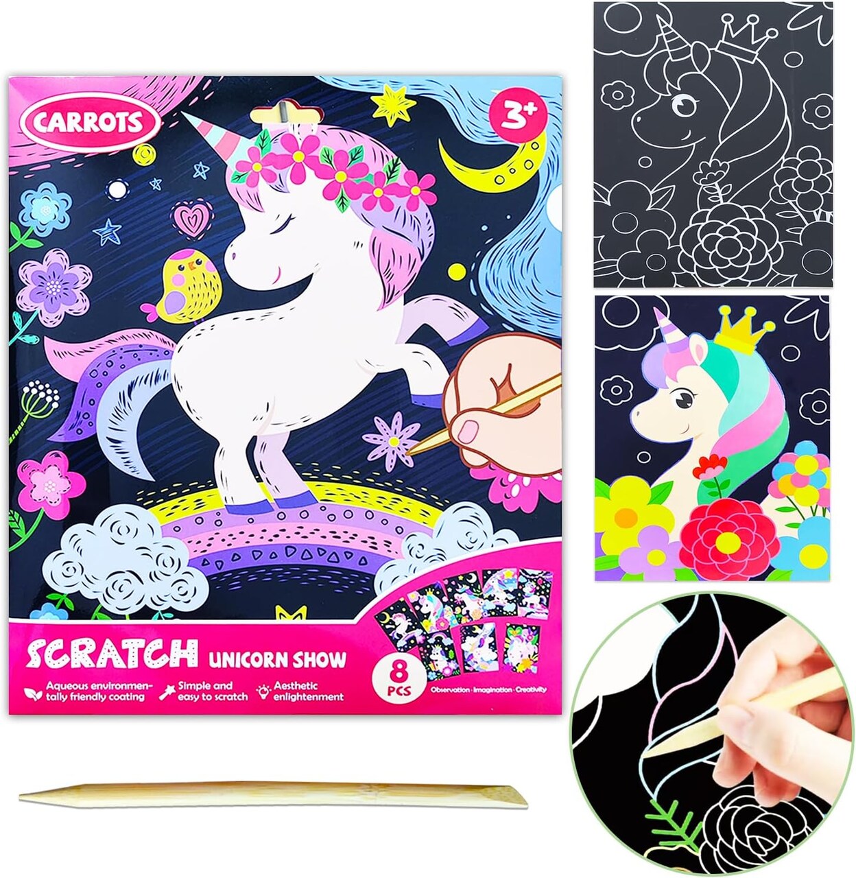 Unicorn Rainbow Scratch Art Kit for Kids – Magical Black Scratch Paper Set with Wooden Stylus, Fun DIY Crafts for Girls & Boys Ages 3–8 (Unicorn)